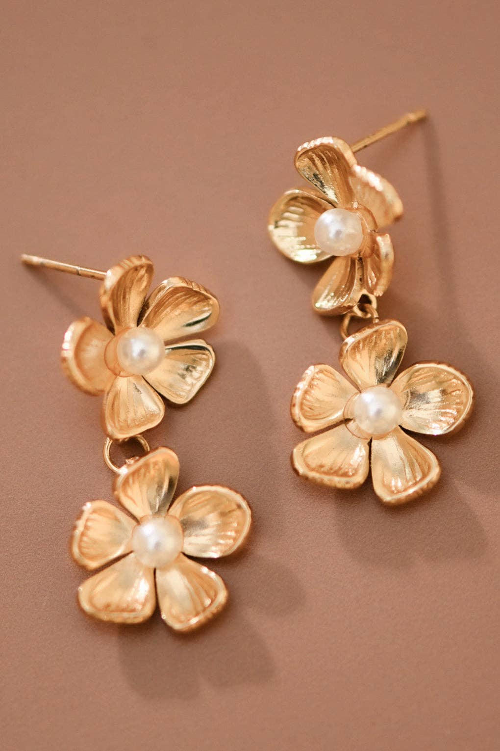 18K Gold Plated Stainless Steel Pearl Floral Drop Earrings