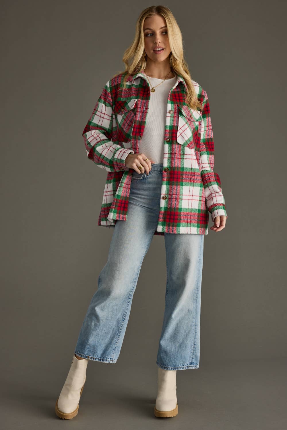 Festive Red, Green &amp; White Plaid Shirt Jacket