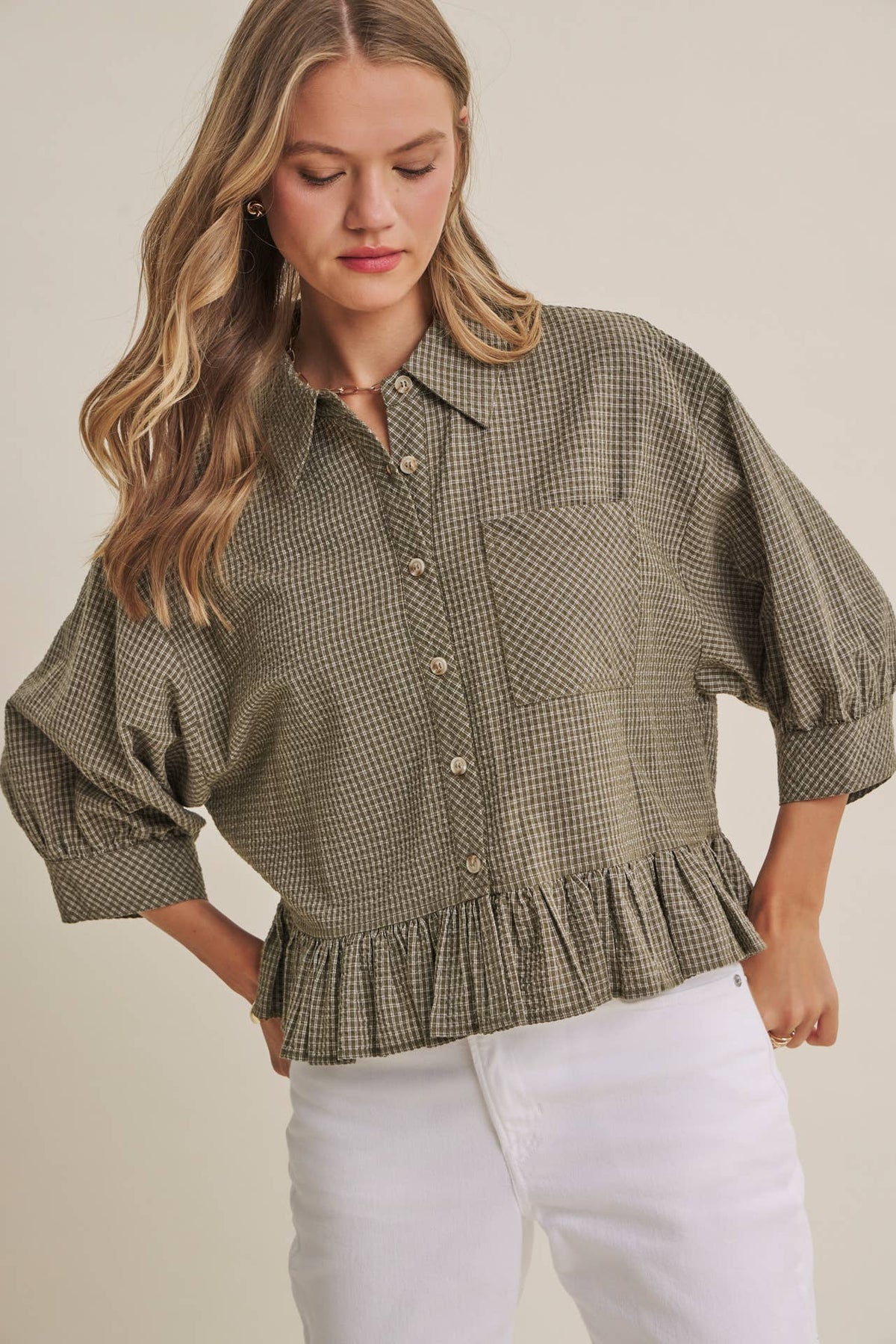 Morning Oat Micro Check Ruffle Hem Button-Down Shirt