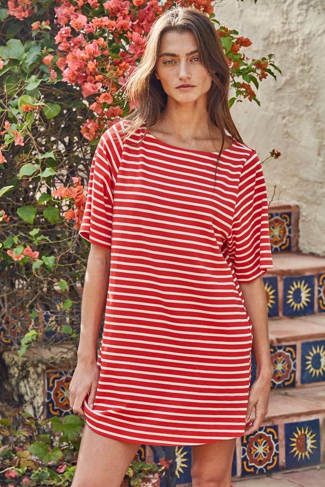 Woven Cotton Striped Short Sleeve Round Neck Mini Dress