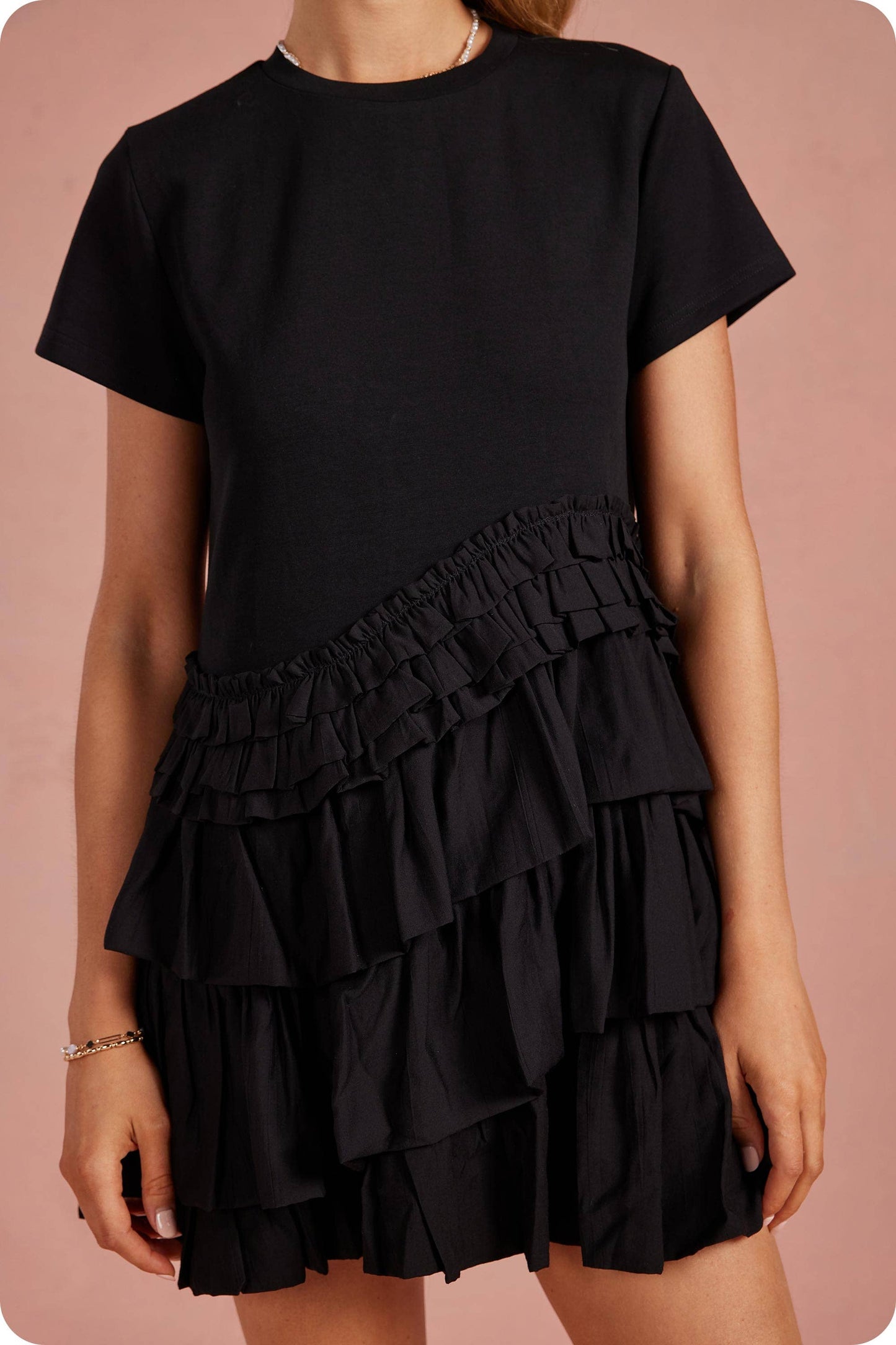 Ruffle Frill Asymmetric Tiered Mixed Media Tee Mini Dress
