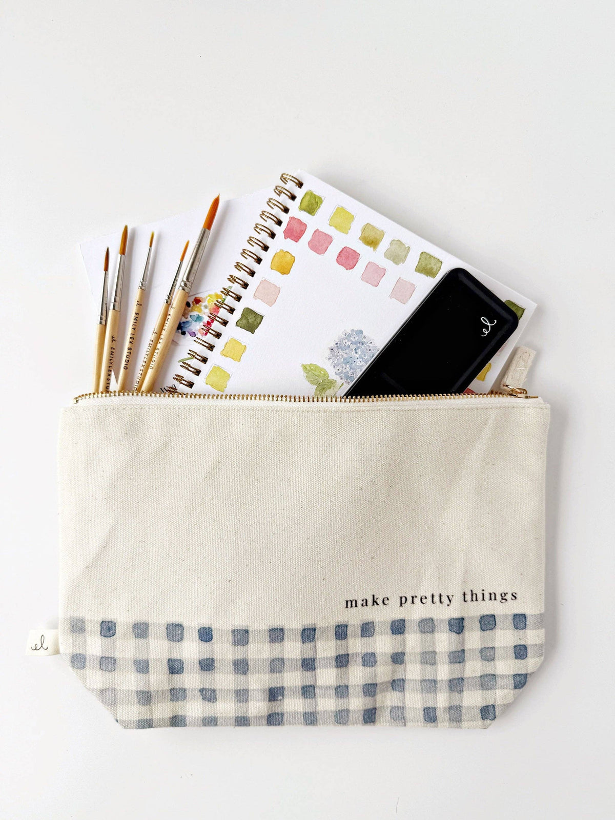 Canvas Gingham Zipper Pouch "make pretty things"