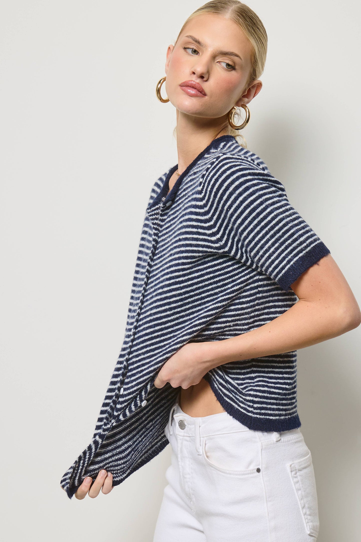 Muse Striped Short Sleeve Button Cardigan
