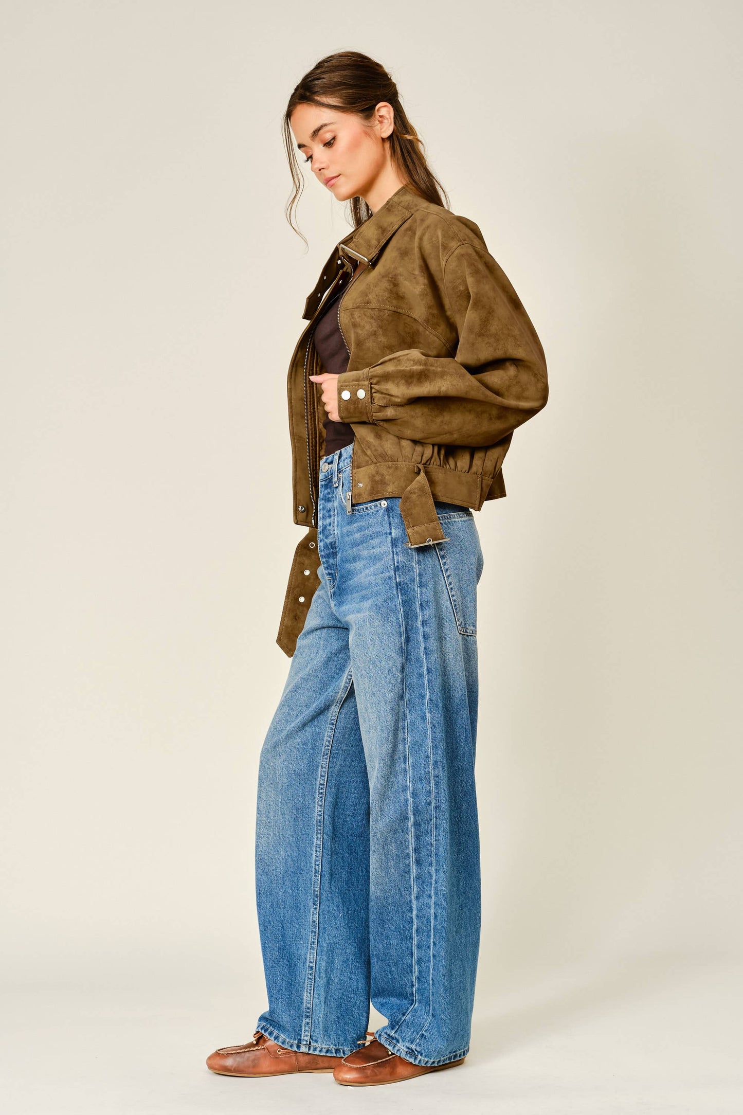 Vintage Vegan Leather Belted Bomber Jacket