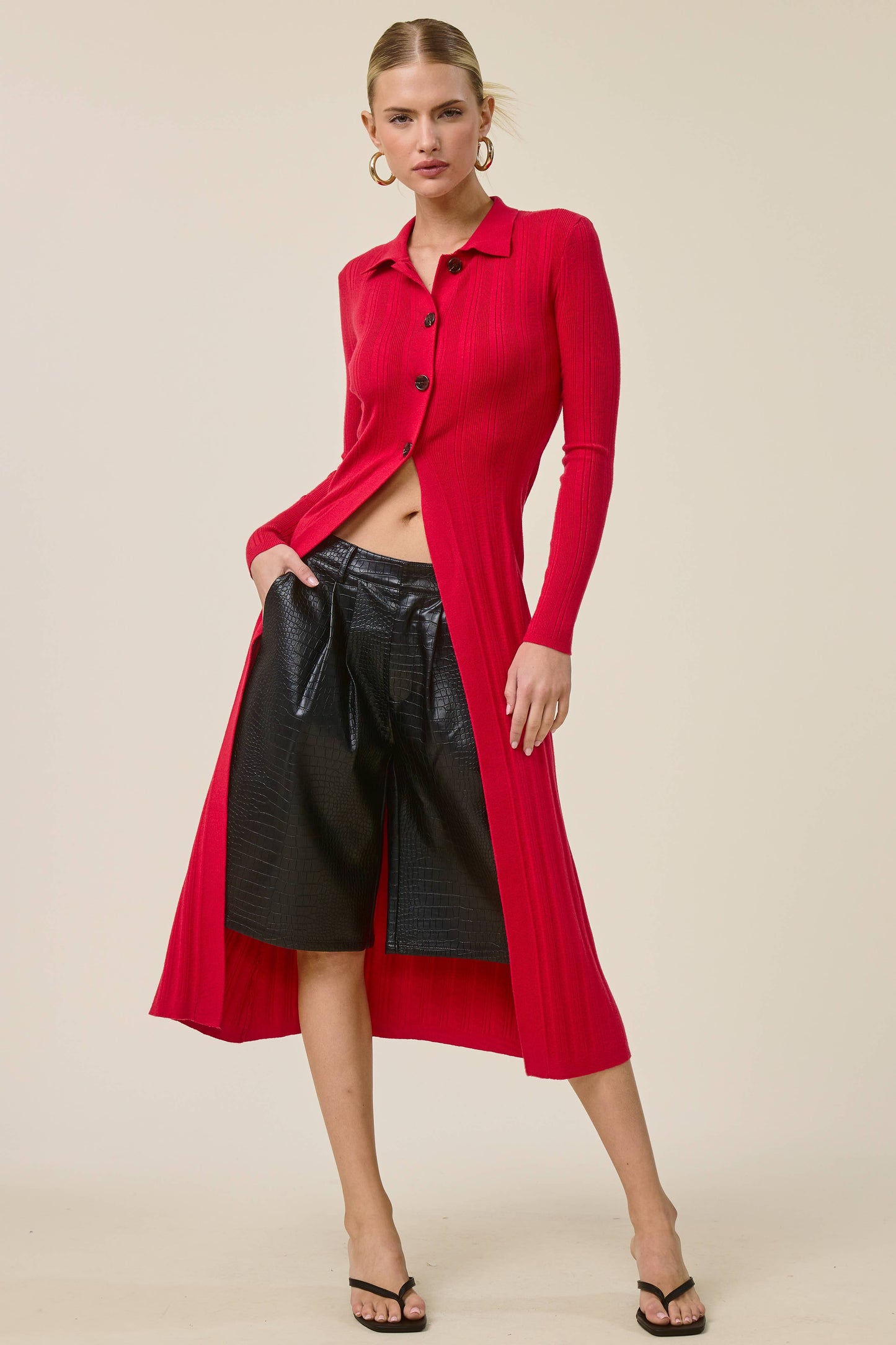 Collared Ribbed Knit Duster Cardigan