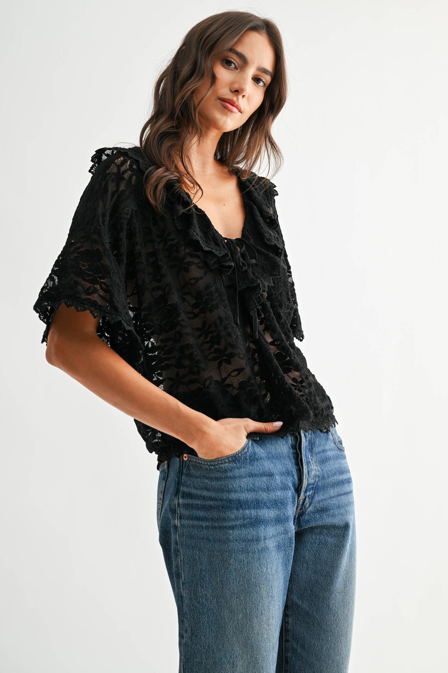 Ruffle Trim LaceTie Front Top