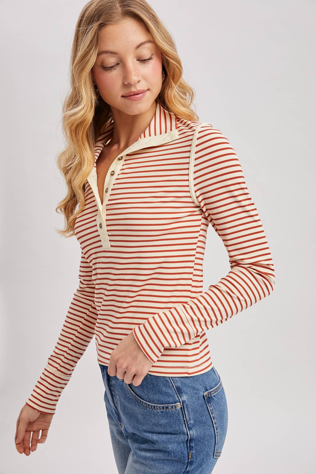 Striped Button-Down Henley Knit Top