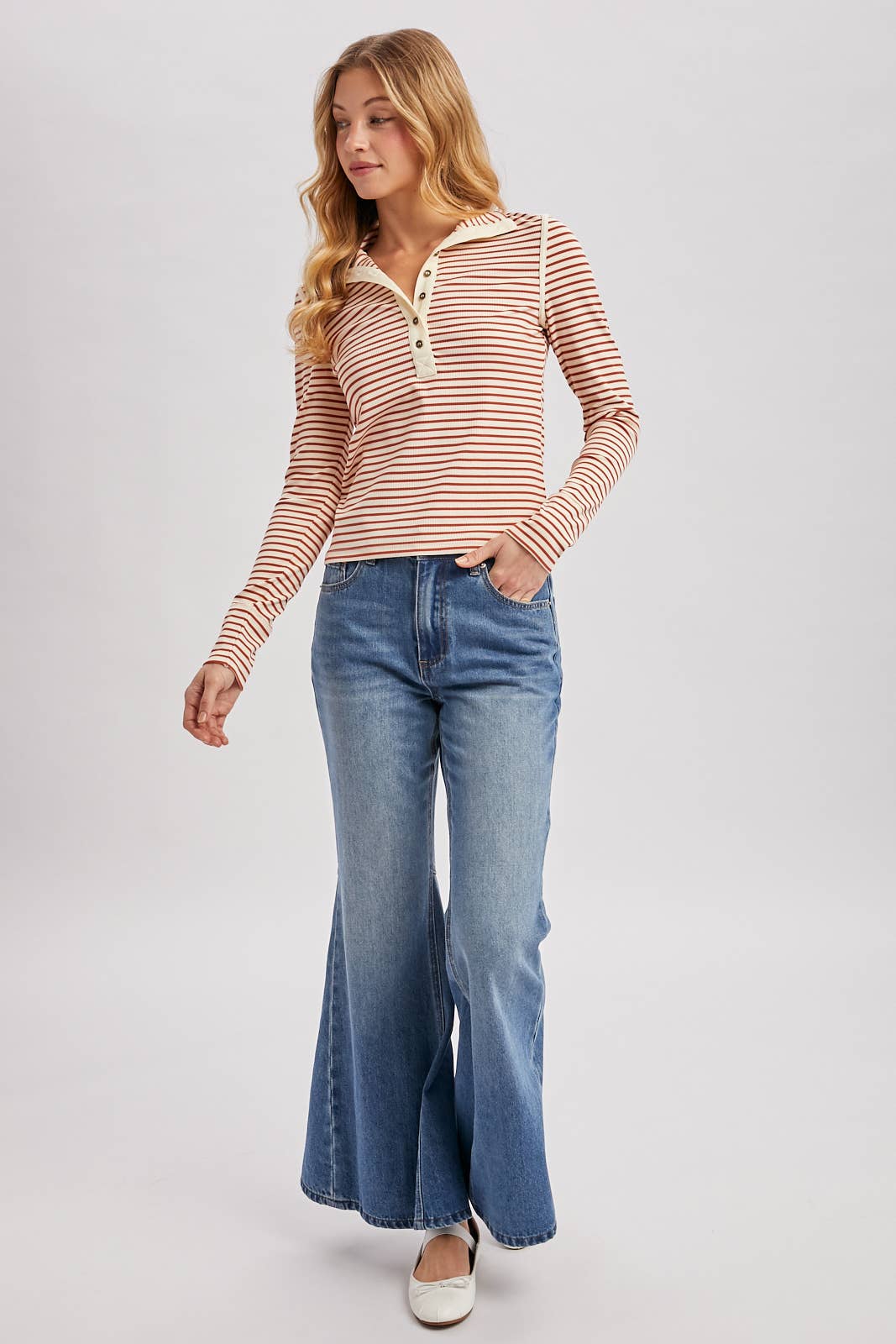 Striped Button-Down Henley Knit Top