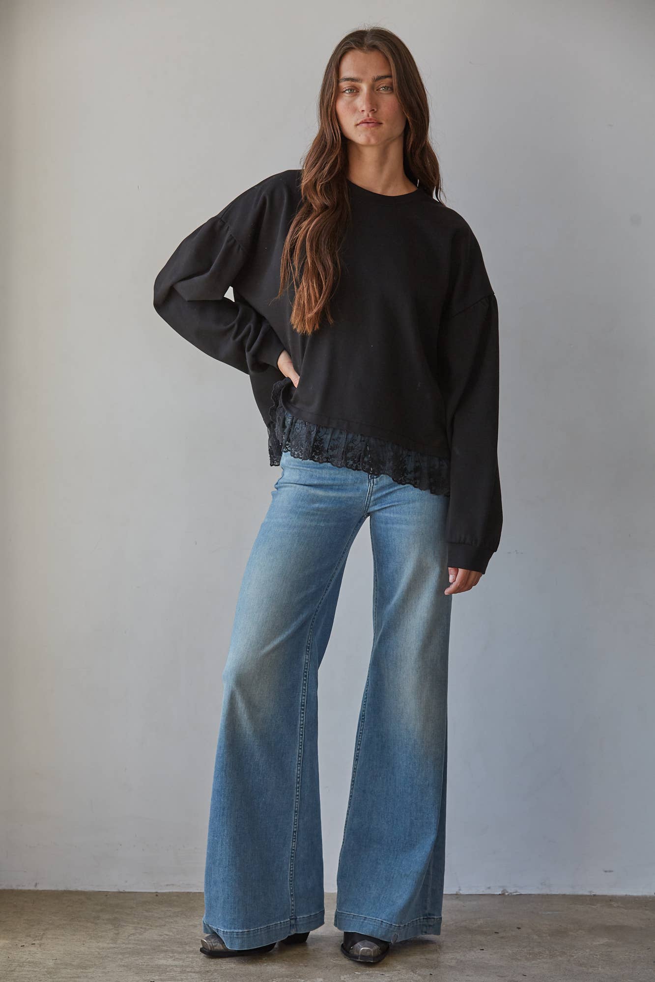 Knit Cotton Crew Neck Long Sleeve Pullover Top