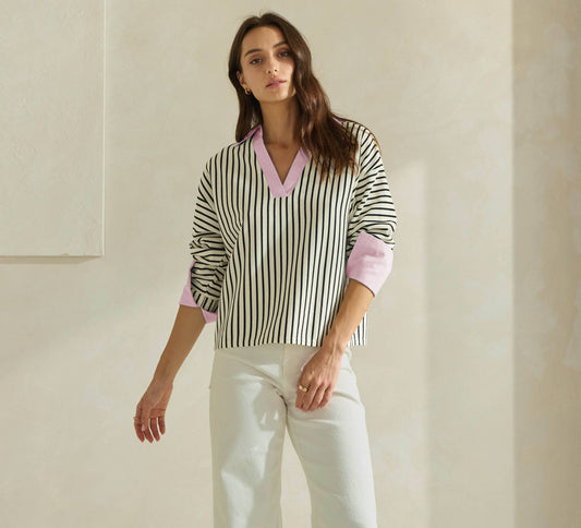 Striped Top with Contrast Neck & Cuffs