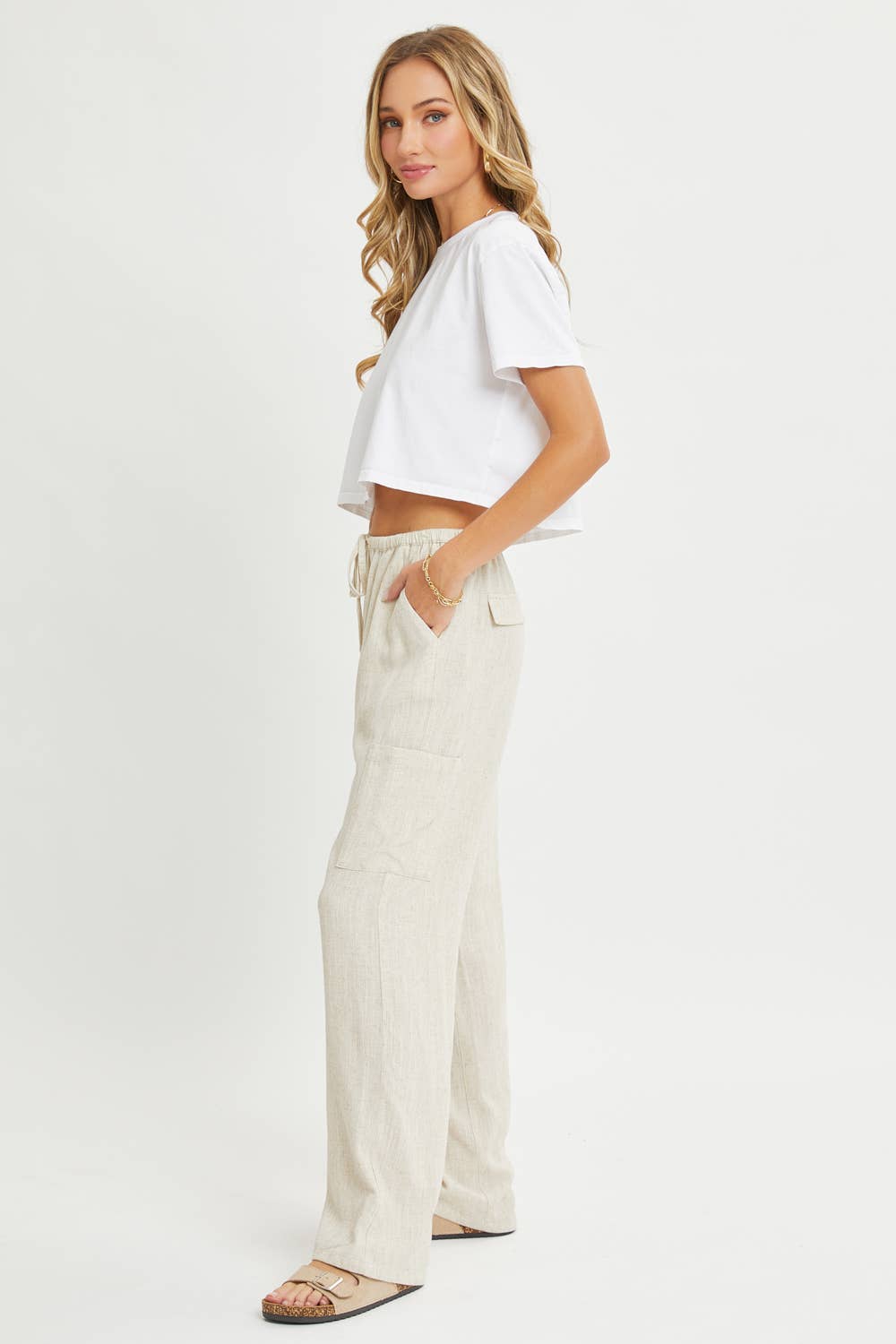 Linen Blend Pull On Drawstring Pants in Oatmeal