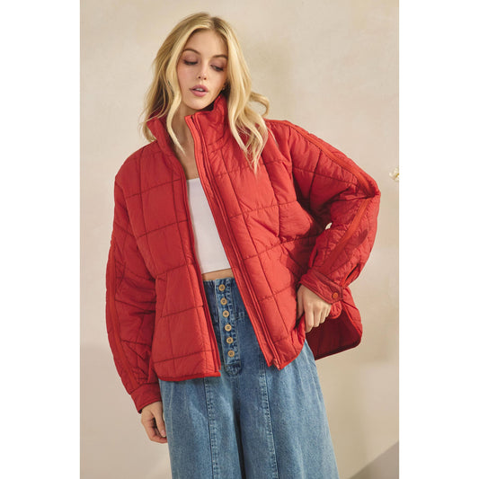 Oversized Packable Puffer Jacket – Brick Red