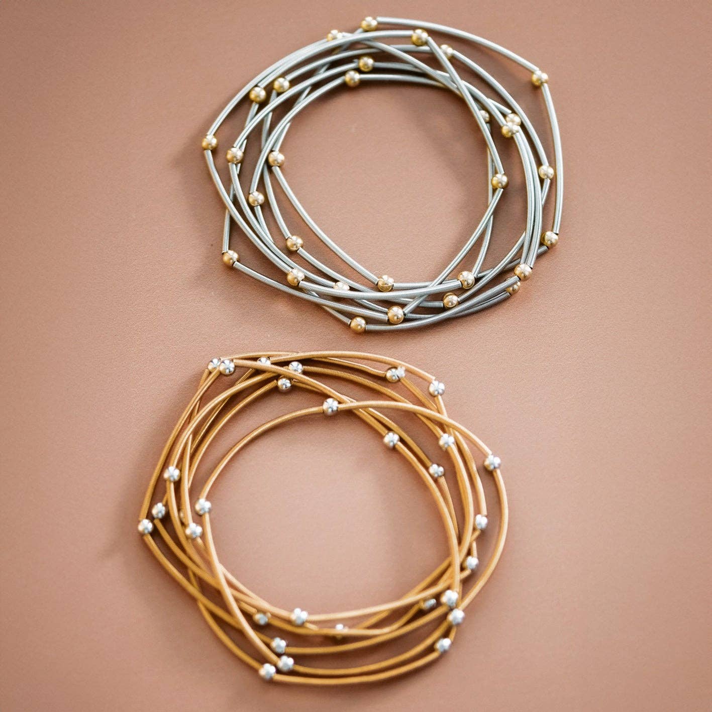 Boho Layered Spring Coil Guitar String Bracelet with Metallic Beads Set