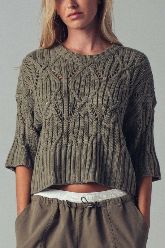 Bohemian Crochet Crewneck Sweater – Olive