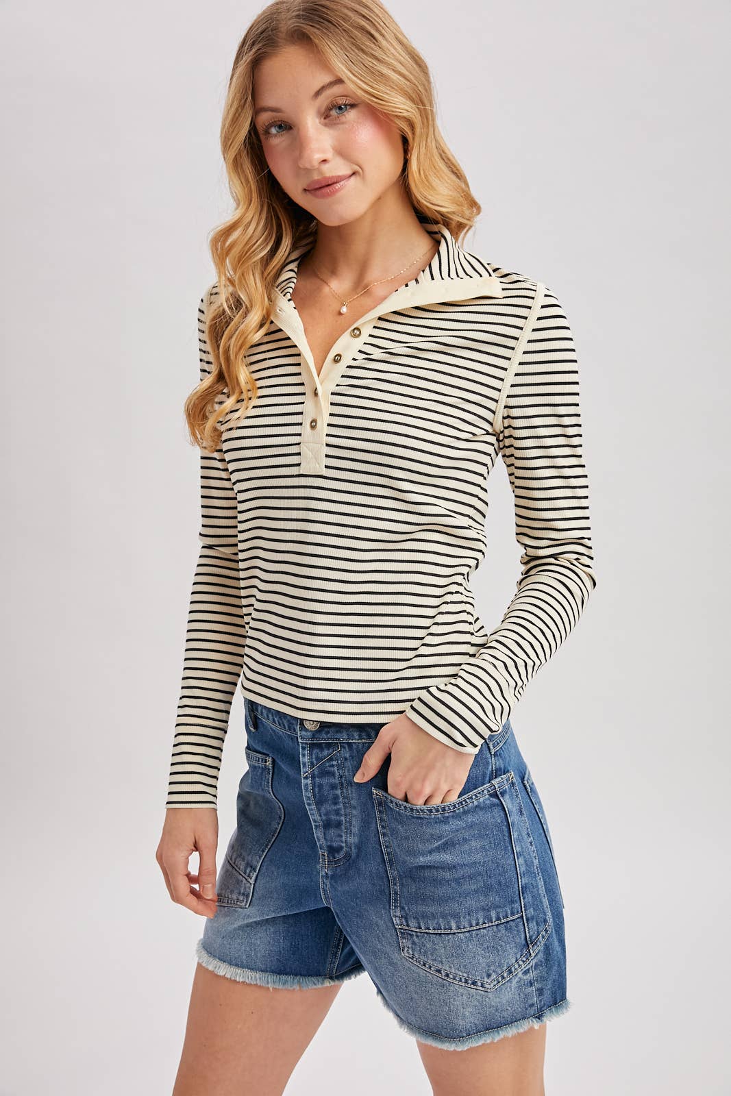 Striped Button-Down Henley Knit Top