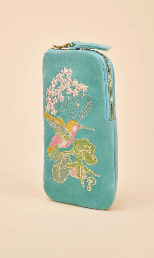 Velvet Embroidered Sunglasses Pouch - Hummingbird, Aqua