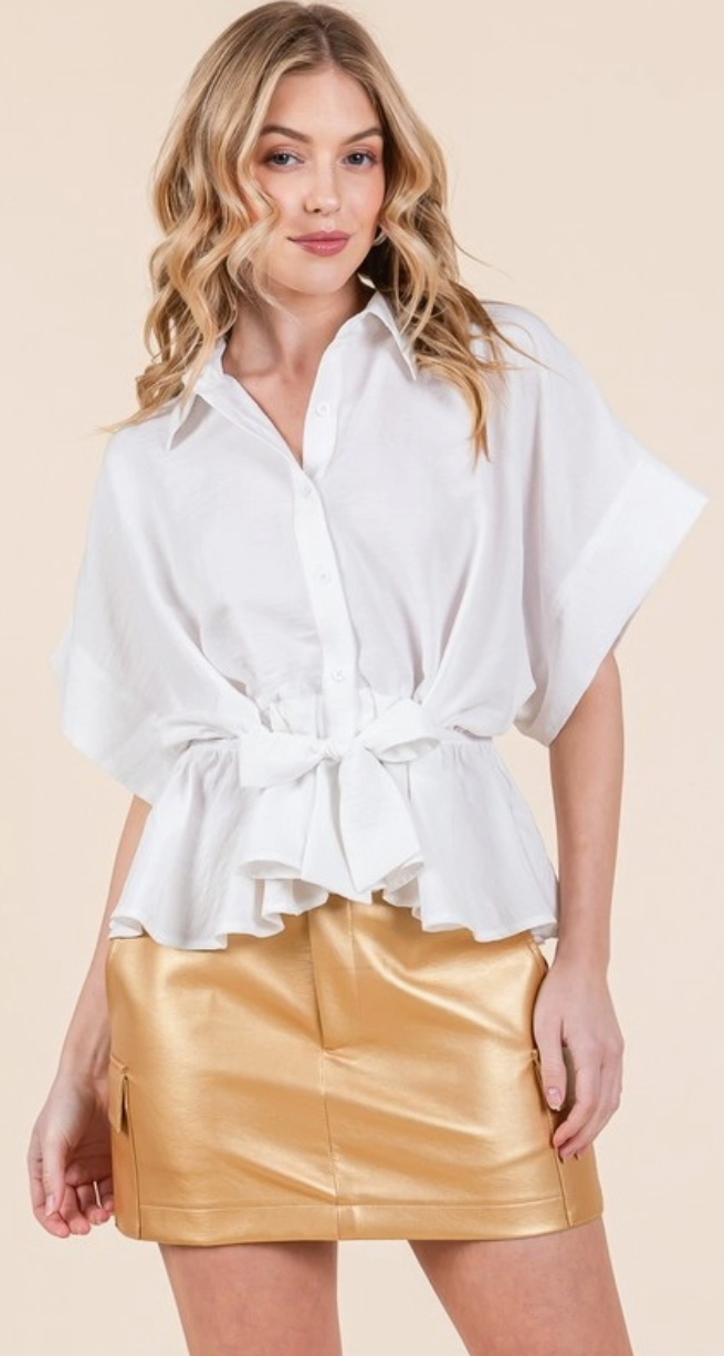 White button down belted top