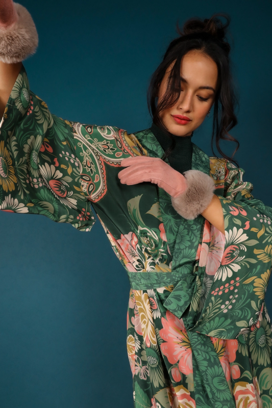 Luxe Folk Art Floral Kimono Robe - Fern