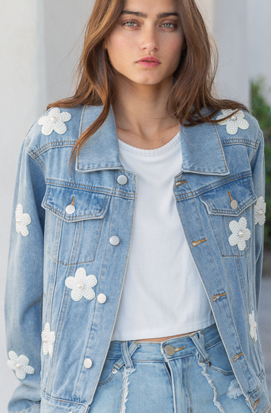 Pearl Flower Patch Denim Jacket