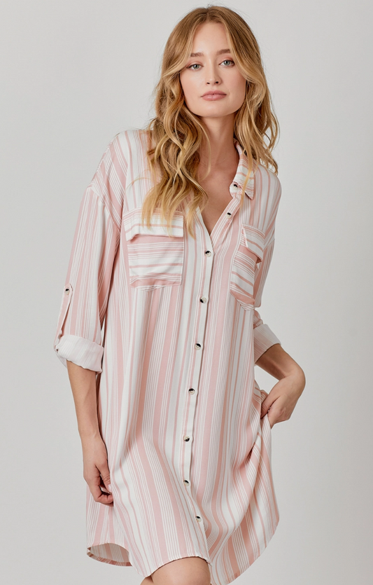 Flowy Pink and Ivory Striped Shirt Dress