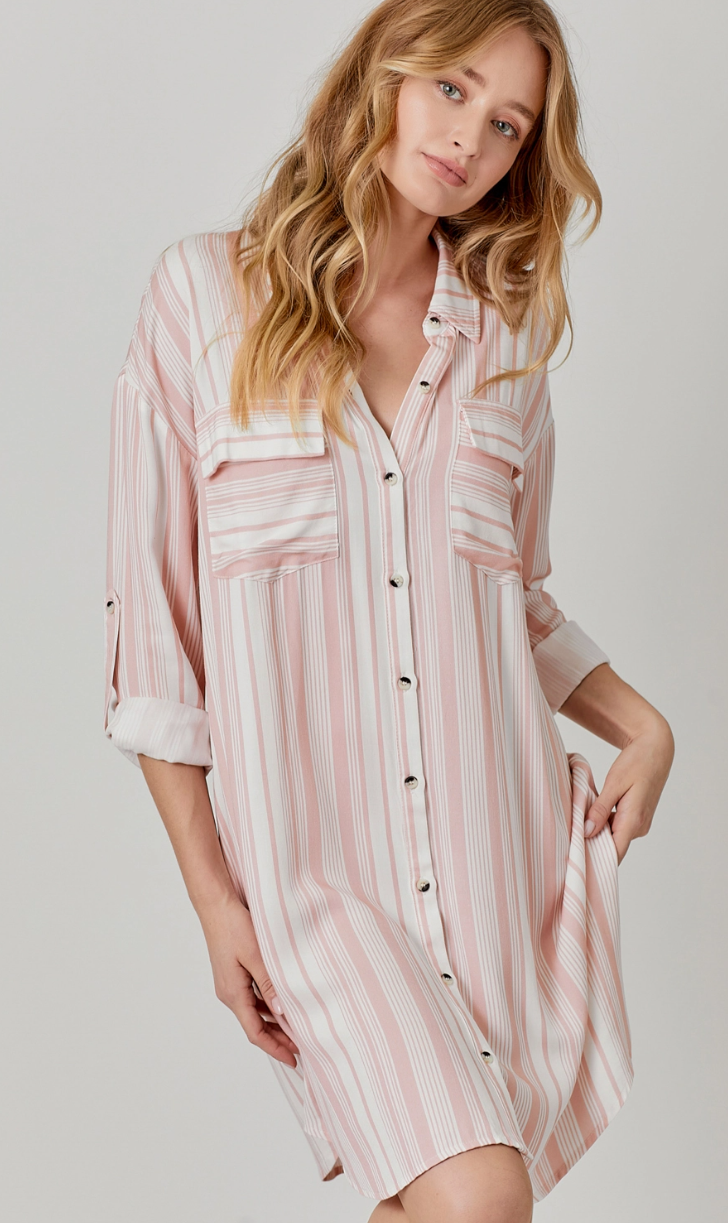 Flowy Pink and Ivory Striped Shirt Dress