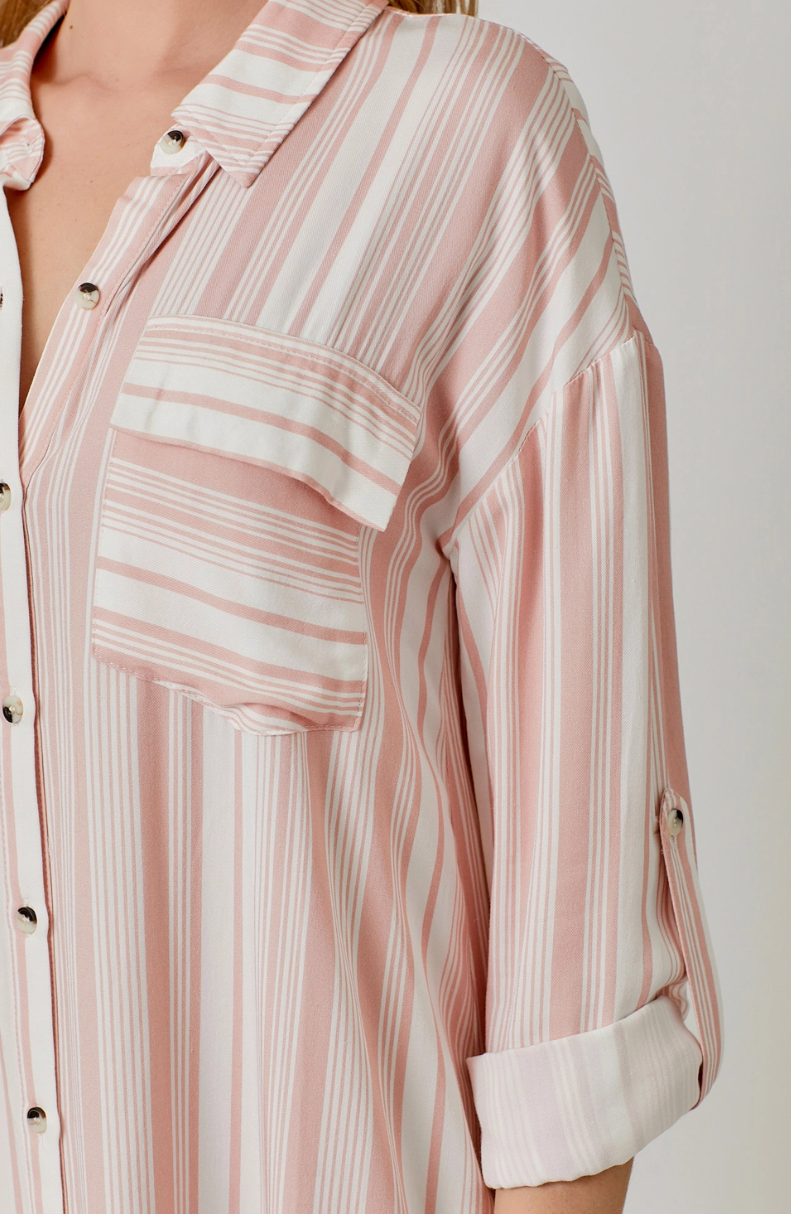 Flowy Pink and Ivory Striped Shirt Dress