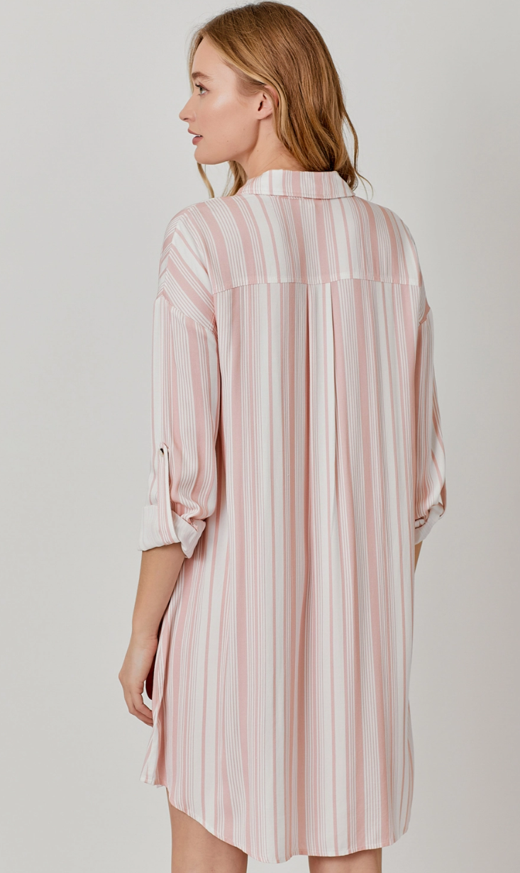 Flowy Pink and Ivory Striped Shirt Dress