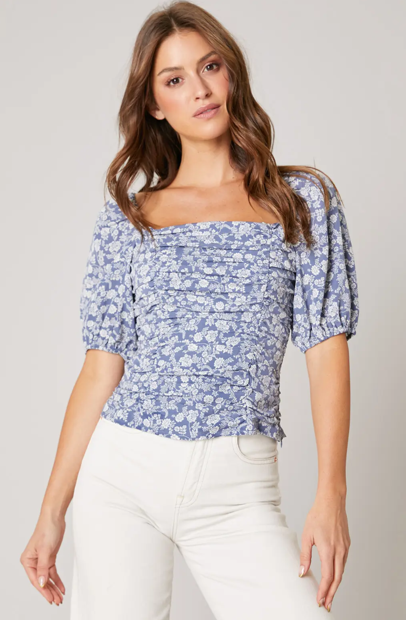 Delicate Blue and White Floral Ruched Top