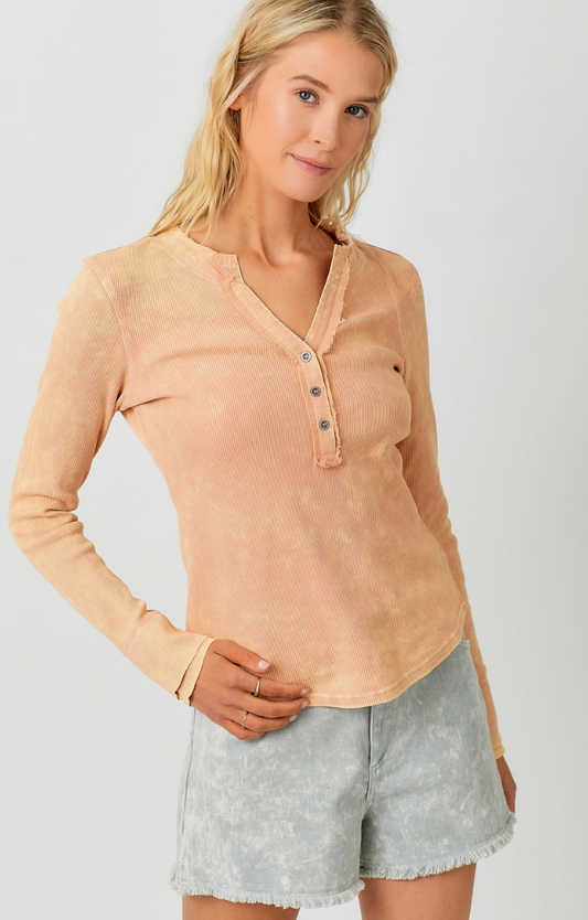Dusty Peach Washed Thermal Henley Top