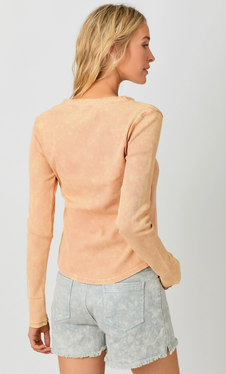 Dusty Peach Washed Thermal Henley Top