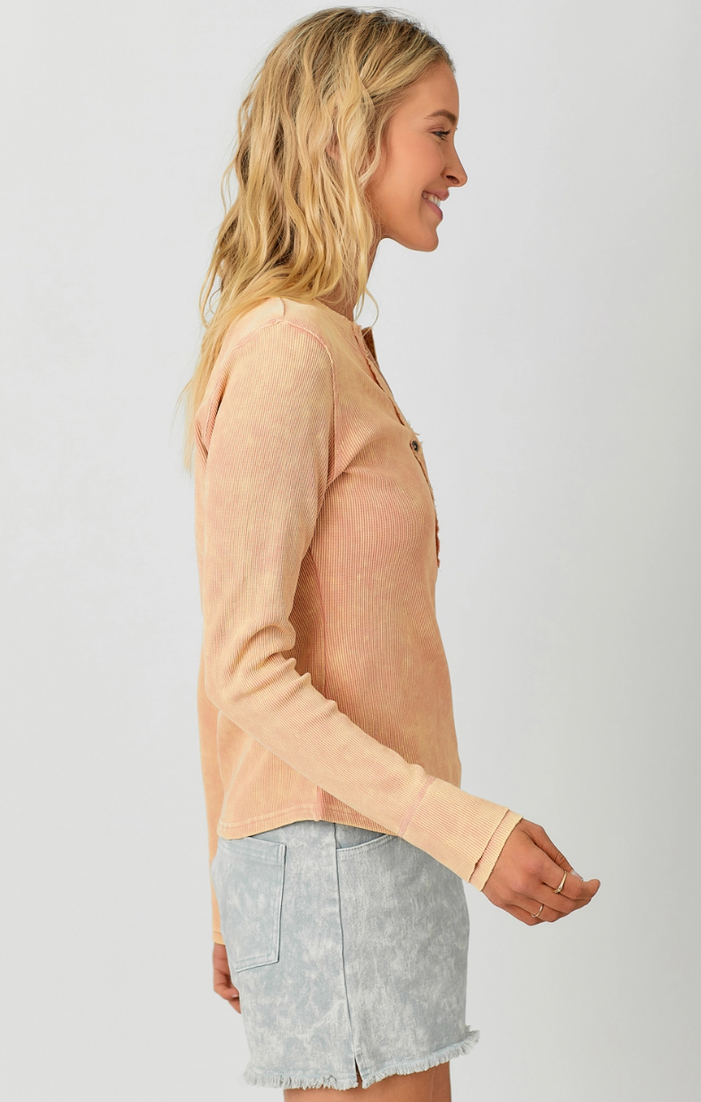 Dusty Peach Washed Thermal Henley Top