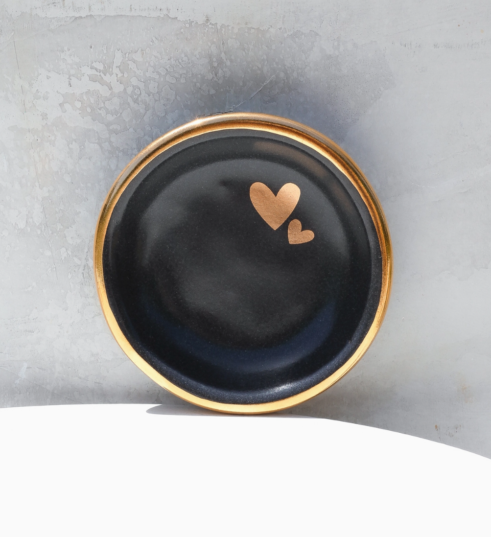 Double Heart Ring Dish | Handmade Pottery with Gold