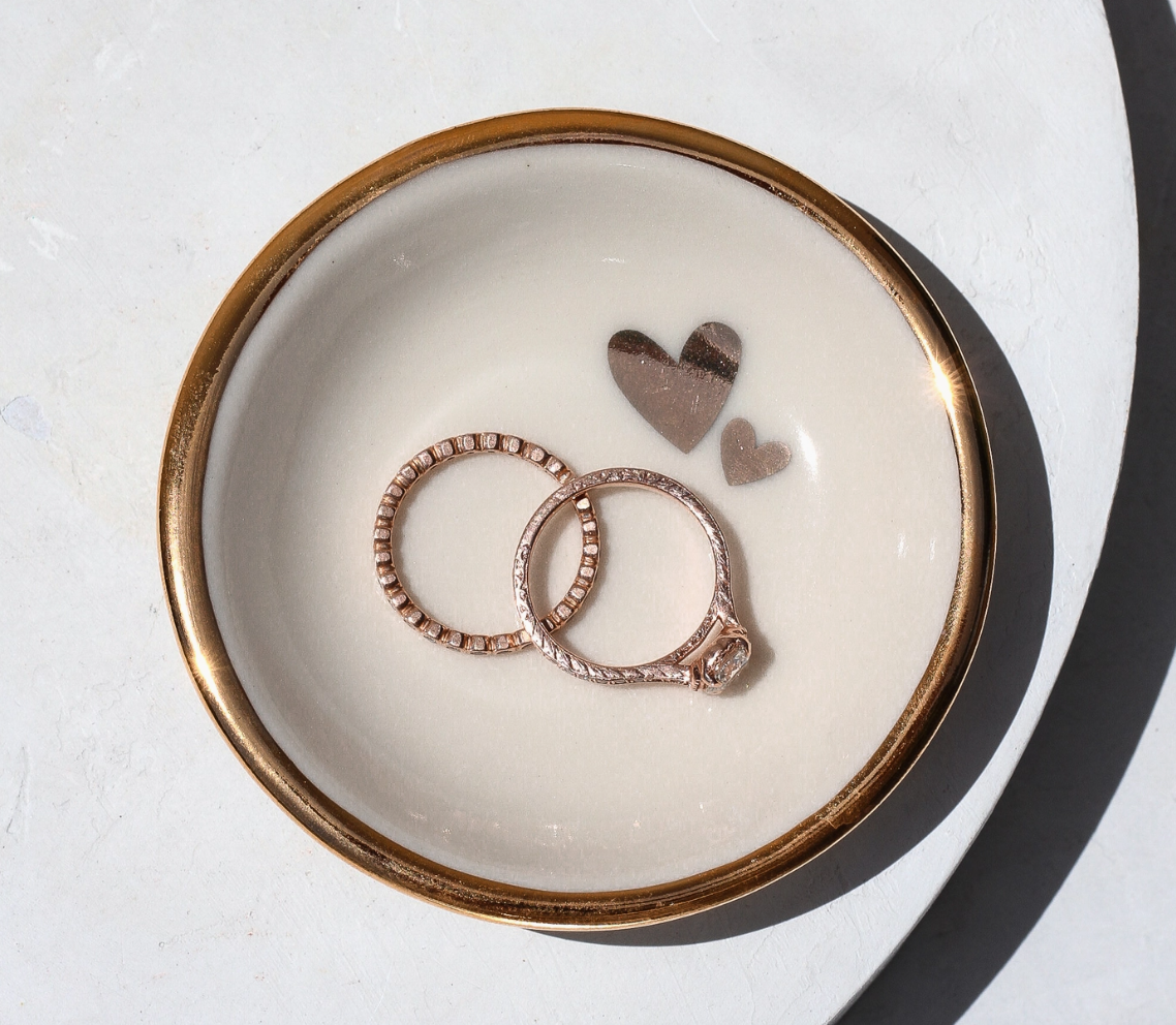 Double Heart Ring Dish | Handmade Pottery with Gold