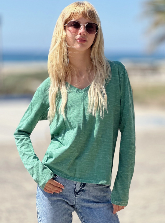 V Neck Long Sleeve Tee Cotton Slub