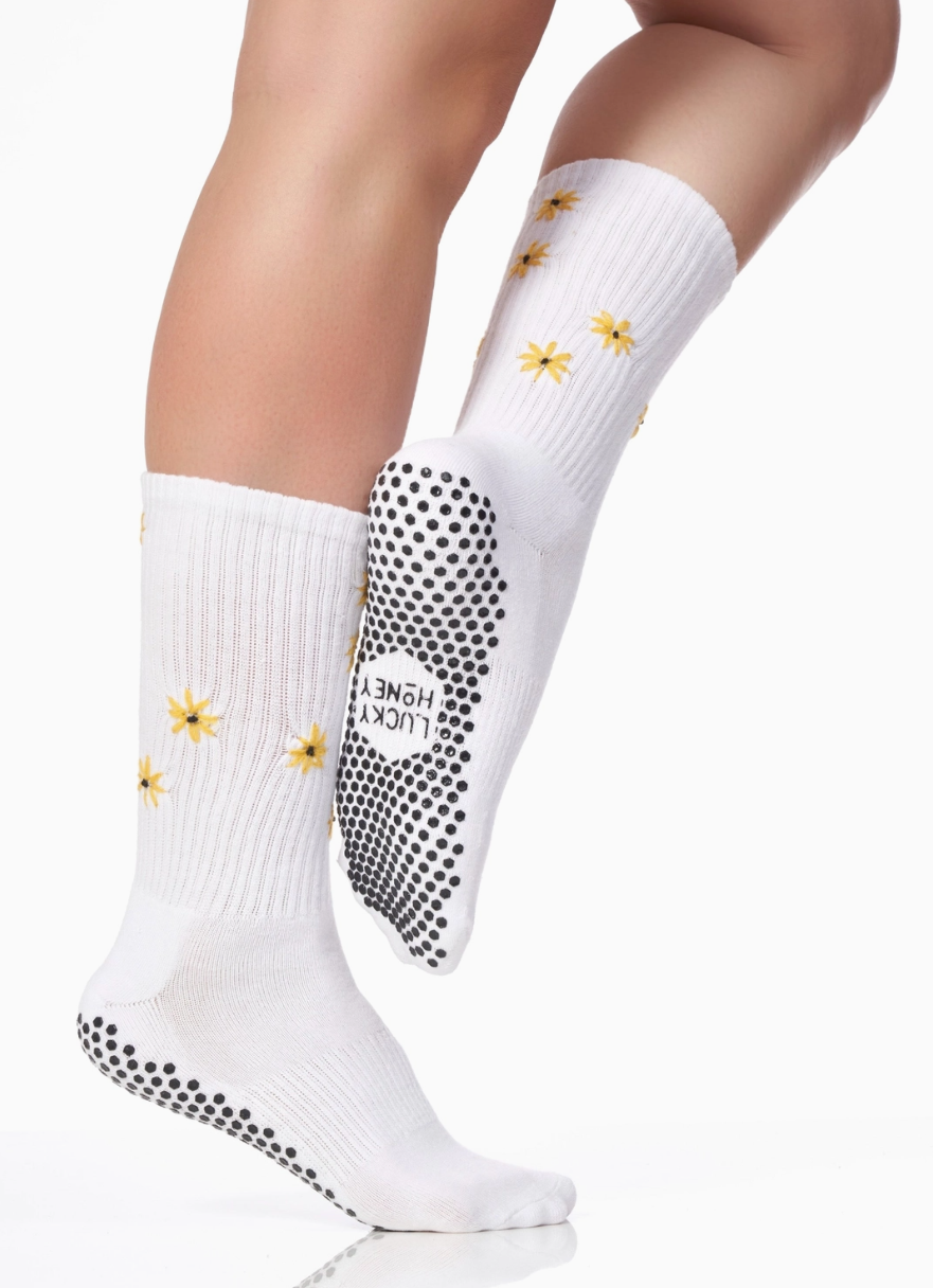 Limited Edition Tall Tube Grip Sock with Sunflower Embroidery