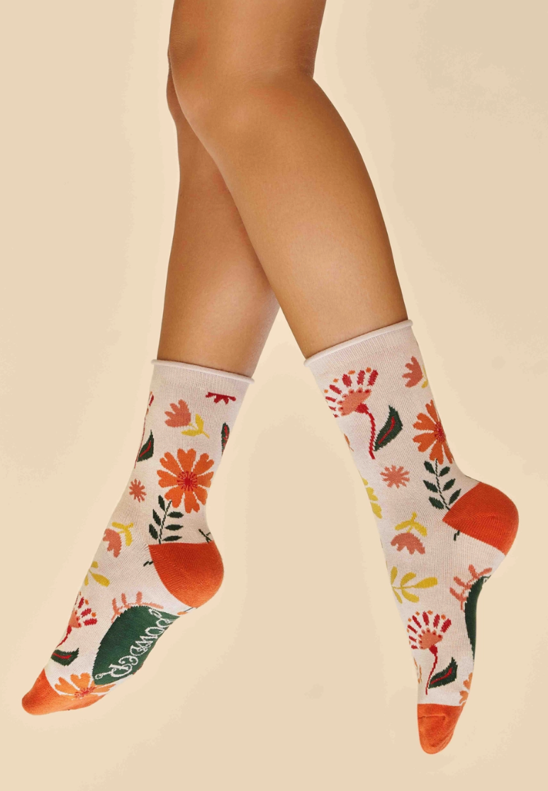 Watercolour Flowers Ankle Socks - Cream