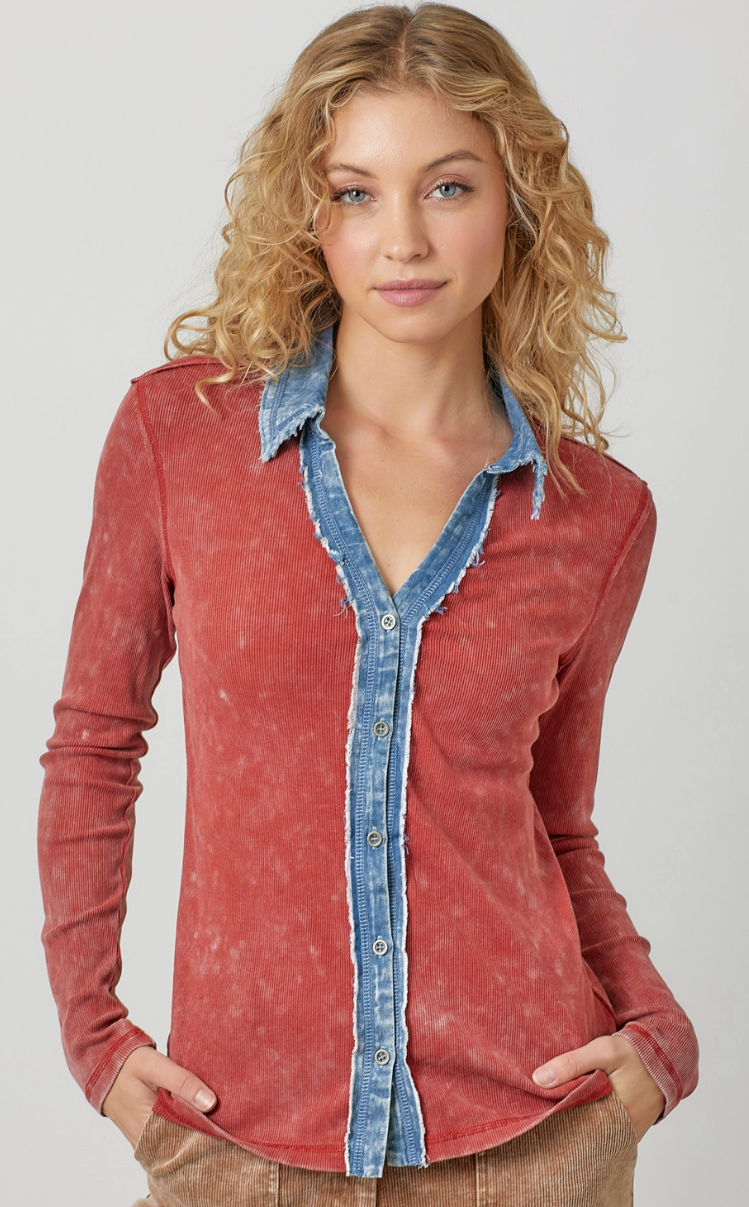 Washed Thermal Button Down Top