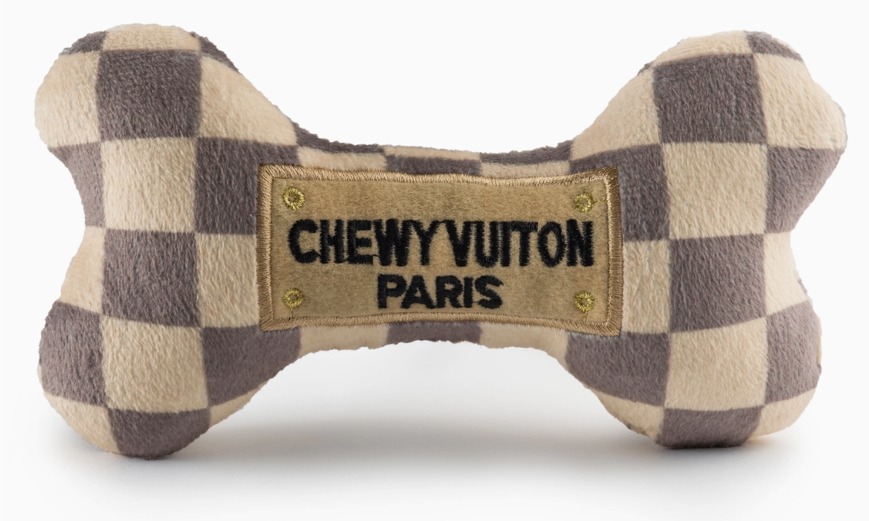 Checker Chewy Vuiton Bones Squeaker Dog Toy - 2 Sizes Available