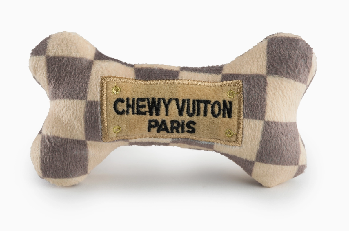 Checker Chewy Vuiton Bones Squeaker Dog Toy - 2 Sizes Available