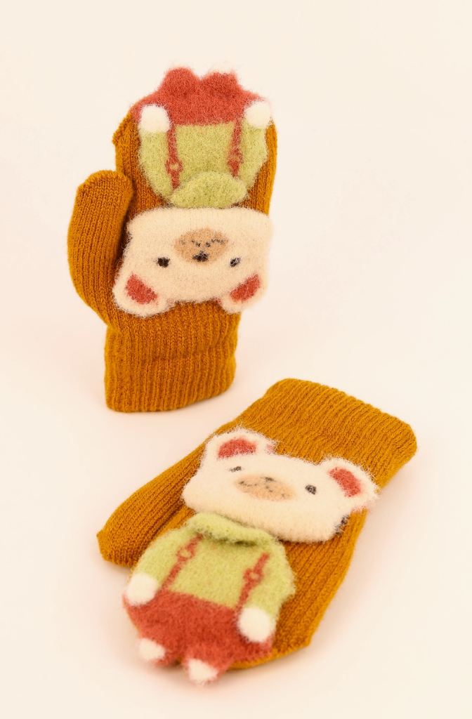 Kids Knitted Mittens -Bear in overalls