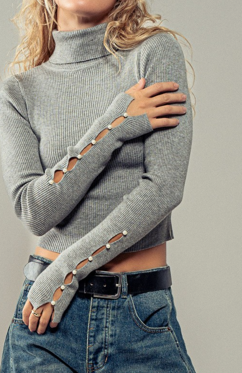 Pearly Cropped Long Sleeve Turtle Neck Sweater