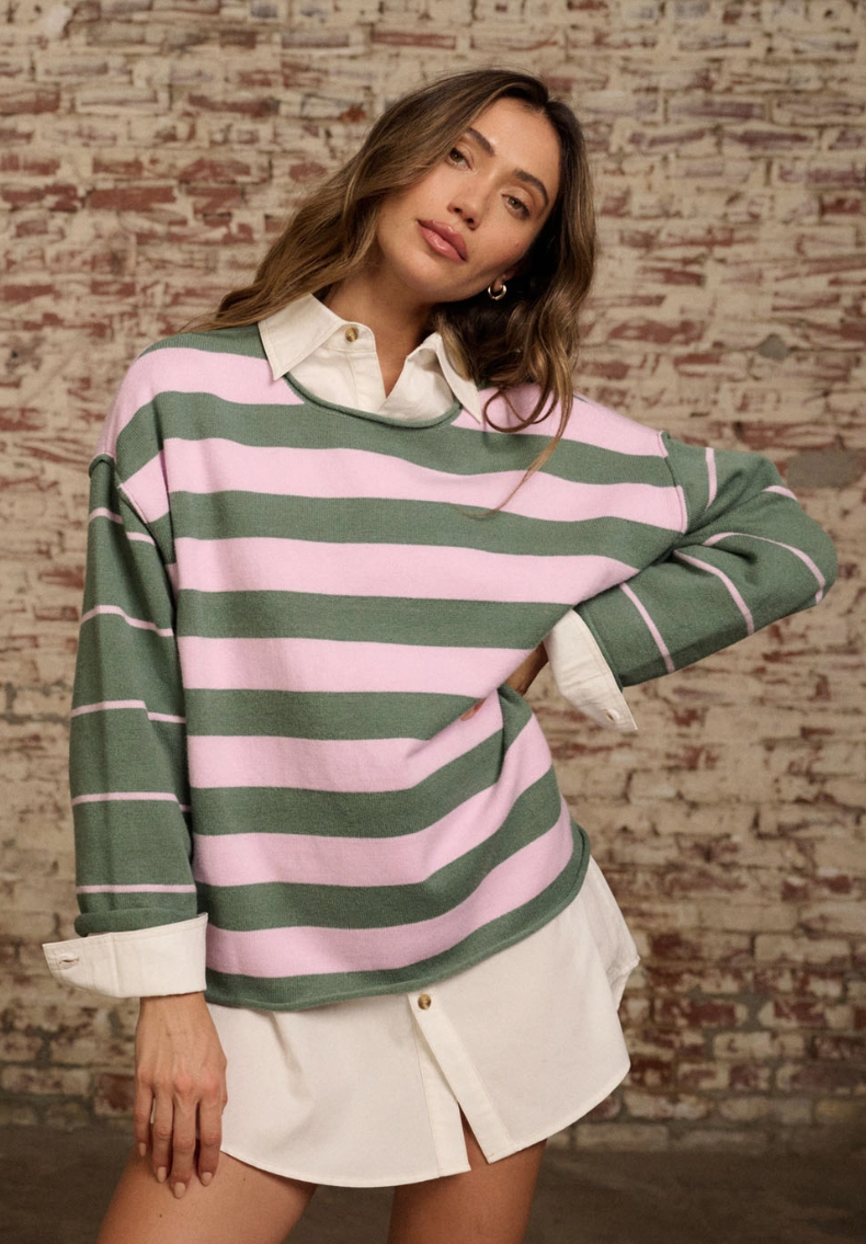 Striped Sage & Petal Pink Knit Sweater - Oversized Fit