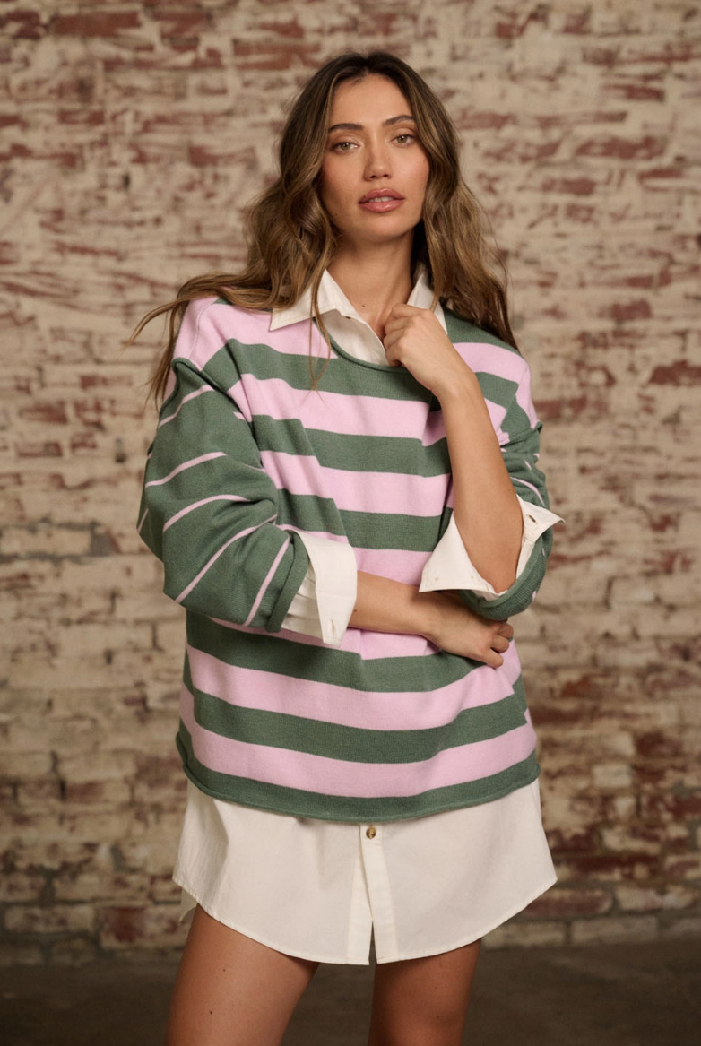 Striped Sage & Petal Pink Knit Sweater - Oversized Fit