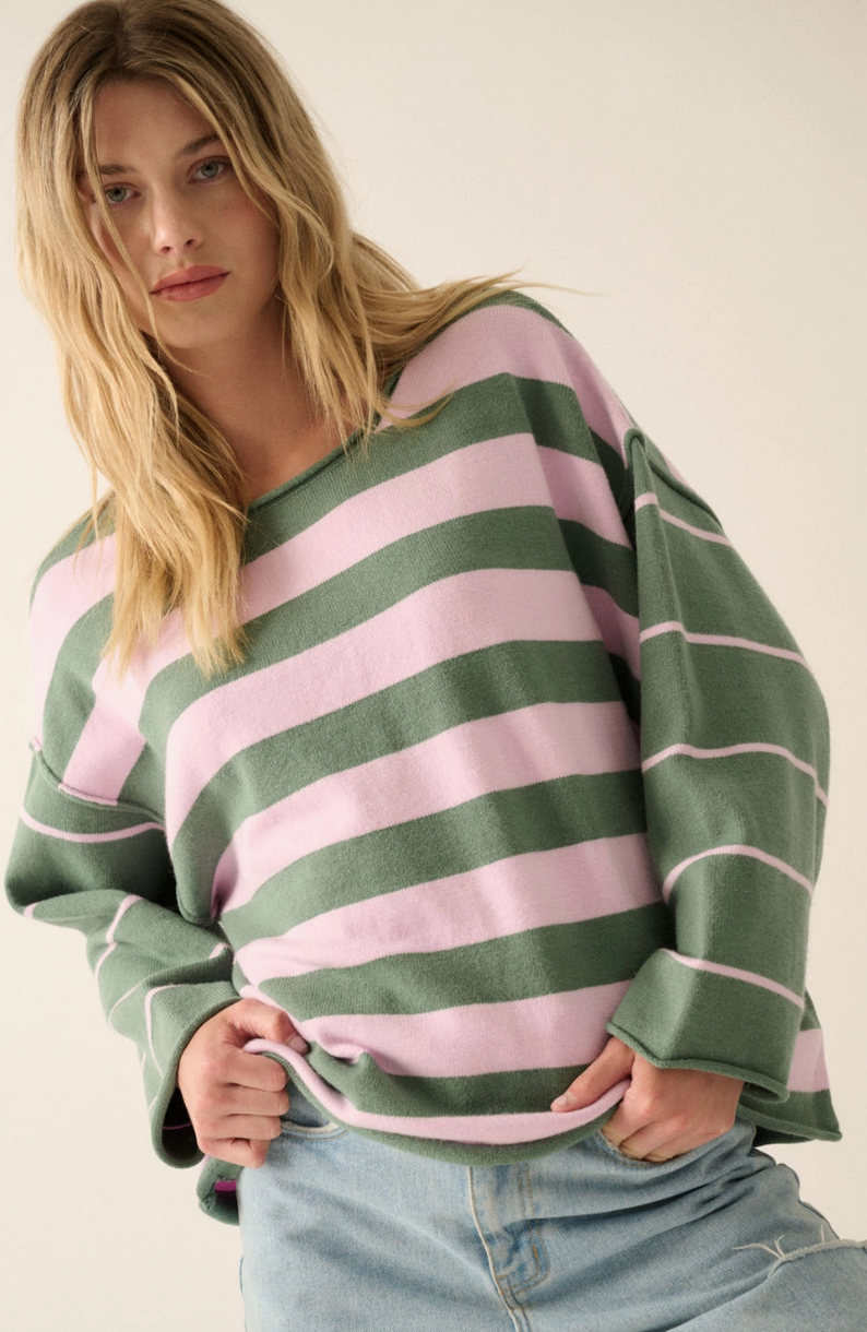 Striped Sage & Petal Pink Knit Sweater - Oversized Fit