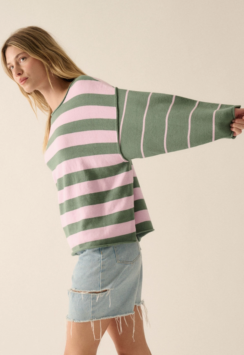 Striped Sage & Petal Pink Knit Sweater - Oversized Fit