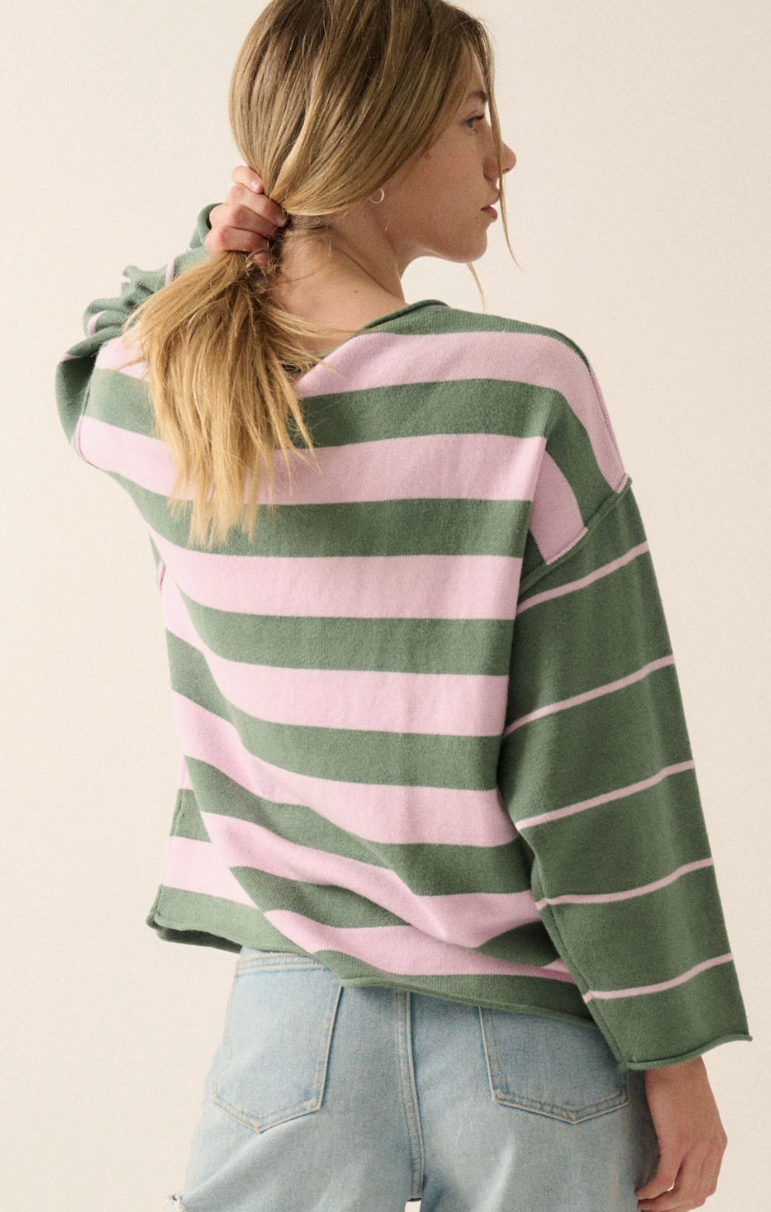 Striped Sage & Petal Pink Knit Sweater - Oversized Fit