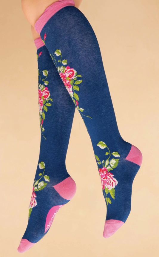 Floral Vines Long Socks - Navy