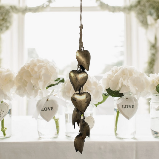 Six Vintage Gold Heart Chimes on Jute Rope