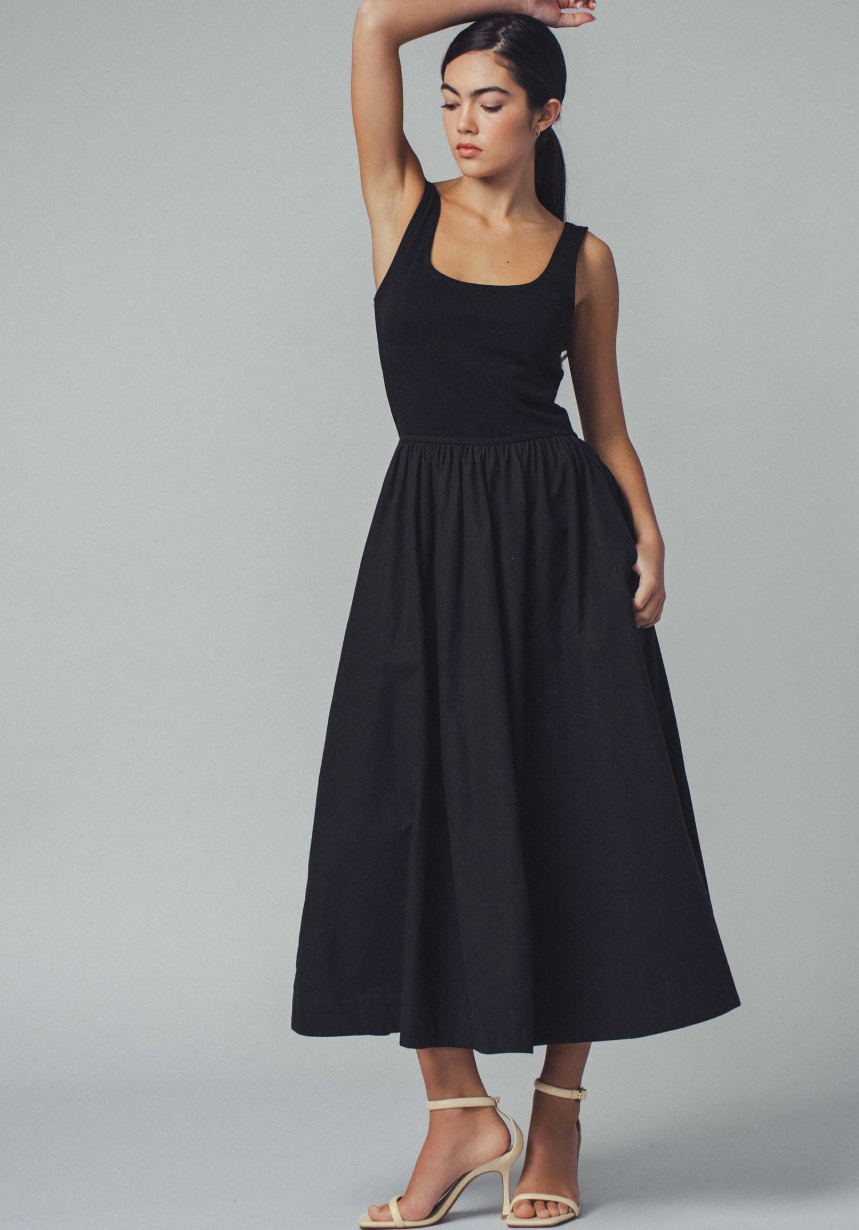 Elegant Square Neck Cotton Blend Gathered Waist Midi Dress - 3 color options