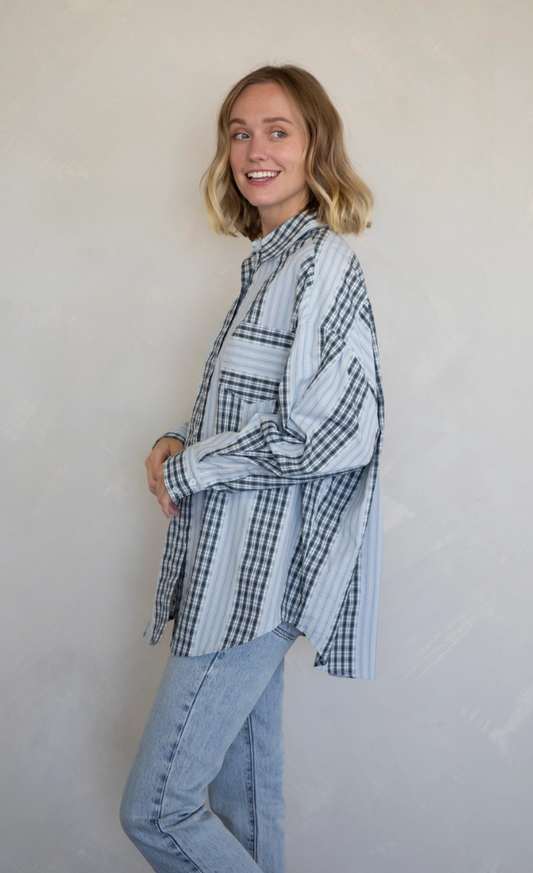 Sky and Black Plaid Button Down Top